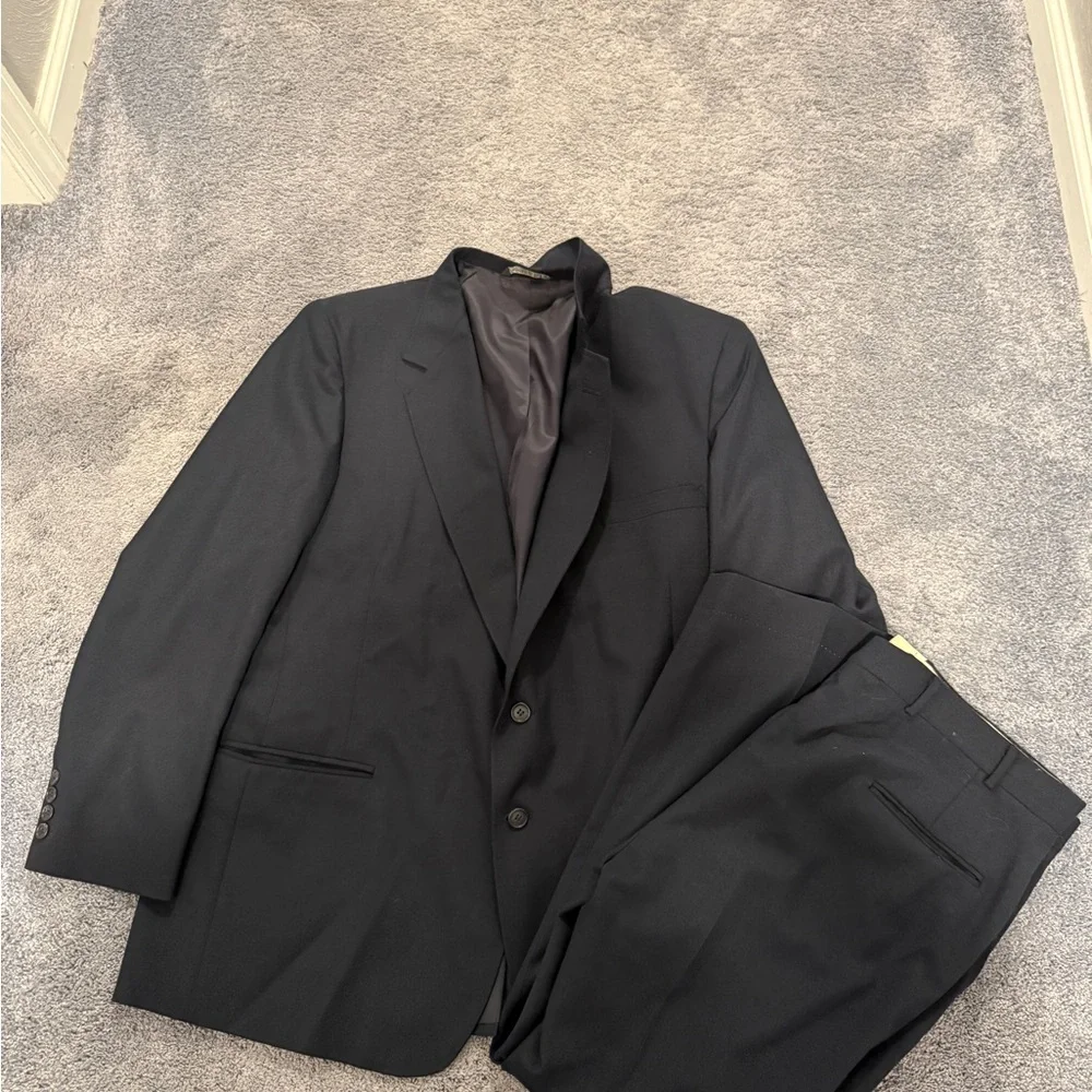Oakton 2 Piece Suit Mens 48 BIG 38X32 Navy Blue Solid Color Vintage Wool